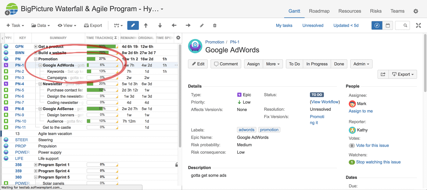 Tasks detailed view on Jira Gantt view