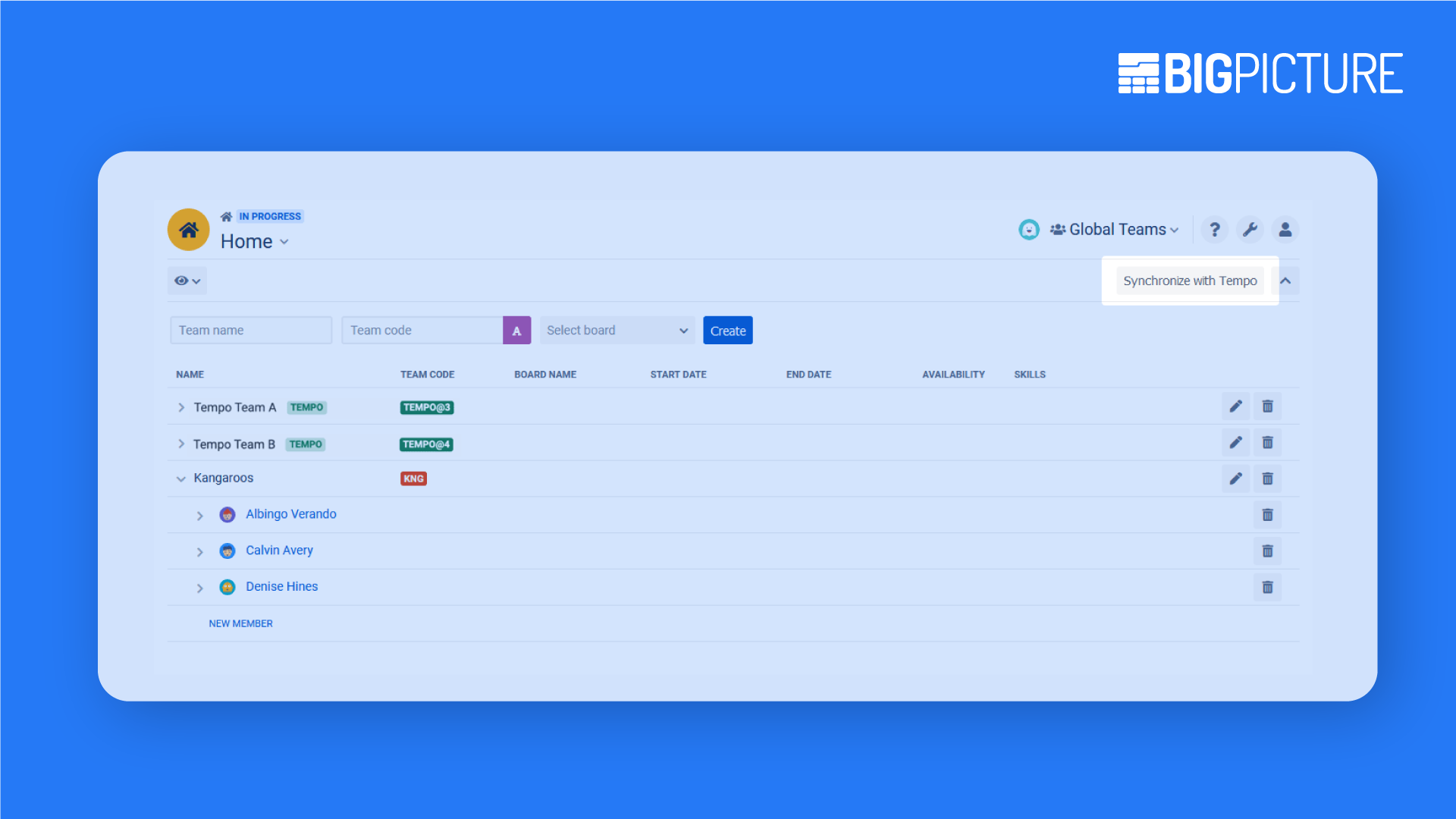 Tempo BigPicture synchronize teams and team members